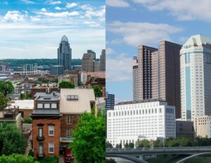 Left is the Cincinnati cityscape, right is the Columbus cityscape