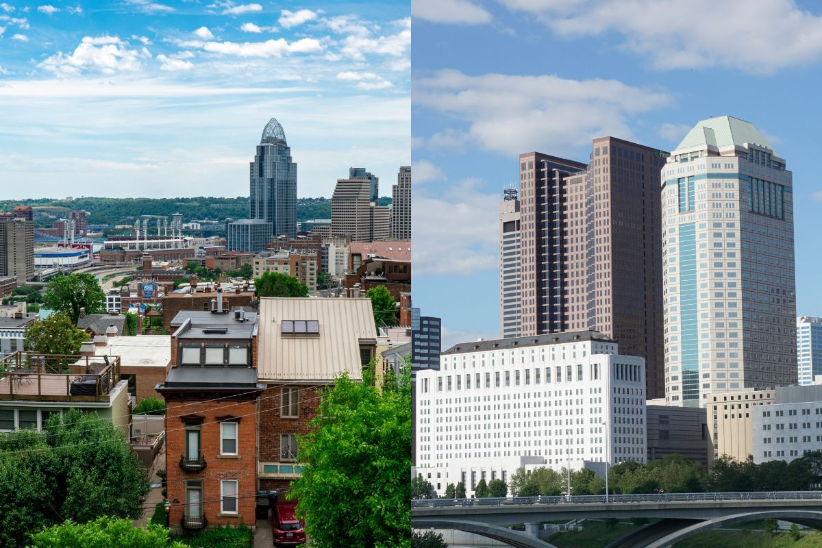 Left is the Cincinnati cityscape, right is the Columbus cityscape